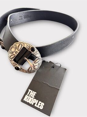 The Kooples Black Leather Belt with Decorative Silver-Tone Western Buckle